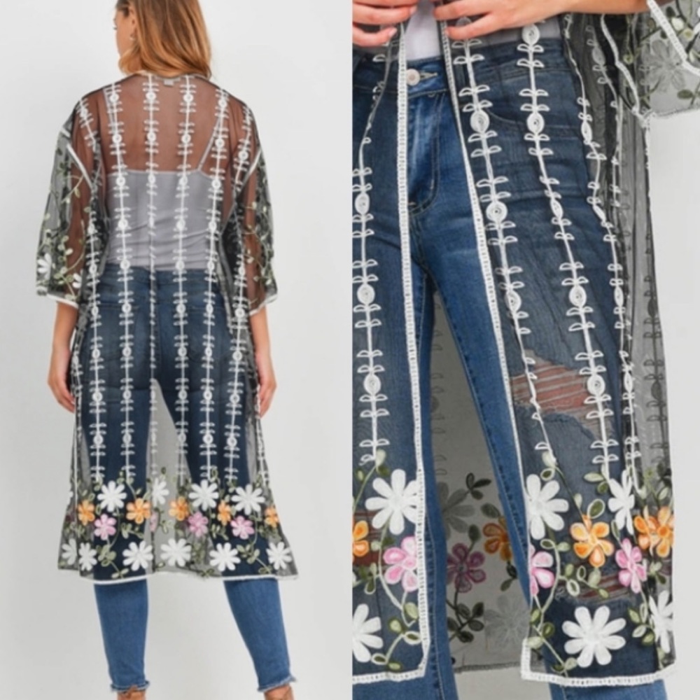 Embroidered Sheer Kimono - Picture 2 of 9